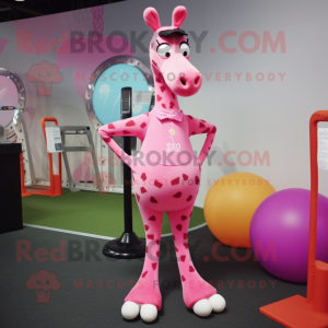 Pink Giraffe mascot costume character dressed with a Yoga Pants and Tie pins