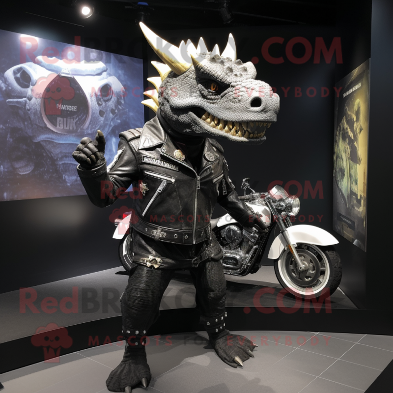 nan Triceratops mascot costume character dressed with a Biker Jacket and Coin purses