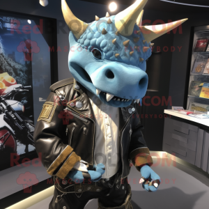 nan Triceratops mascot costume character dressed with a Biker Jacket and Coin purses