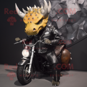 nan Triceratops mascot costume character dressed with a Biker Jacket and Coin purses