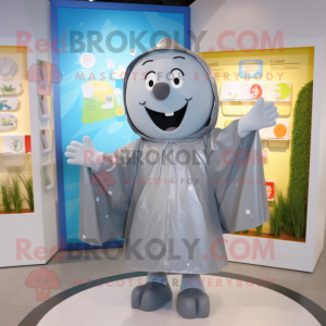 Gray Pho mascot costume character dressed with a Raincoat and Necklaces