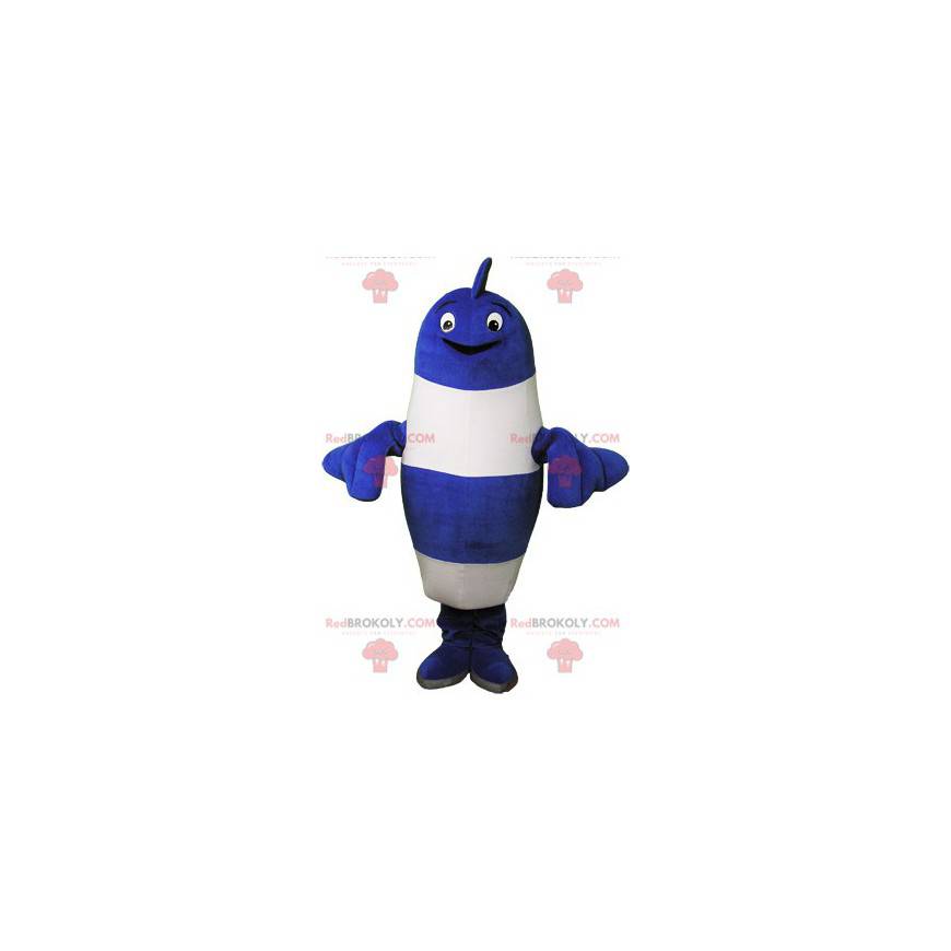 Mascote gigante peixe listrado de azul e branco - Redbrokoly.com