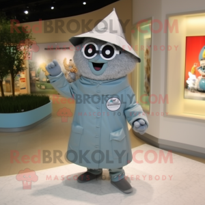 Gray Pho mascot costume character dressed with a Raincoat and Necklaces