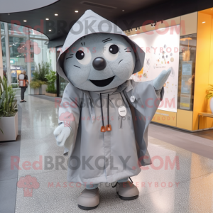 Gray Pho mascot costume character dressed with a Raincoat and Necklaces