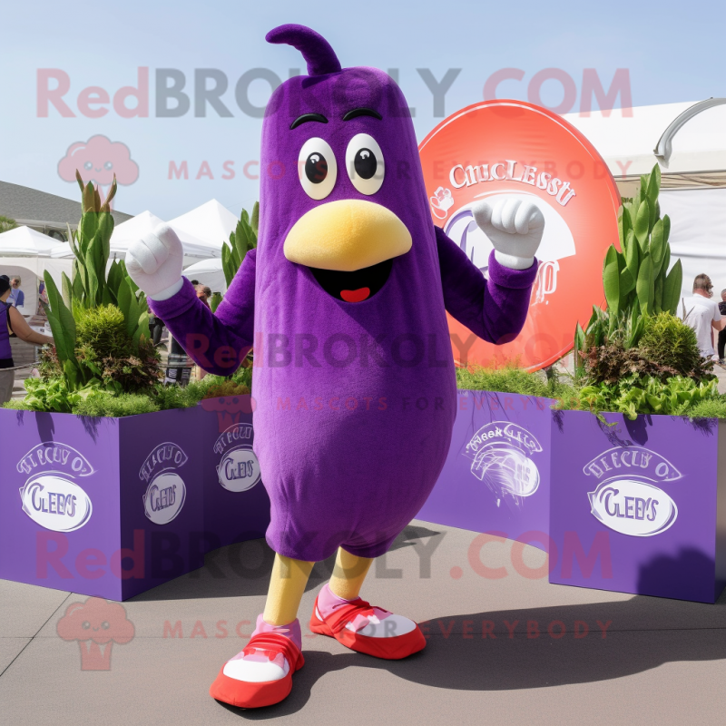 Purple Celery mascot costume character dressed with a Running Shorts and Rings