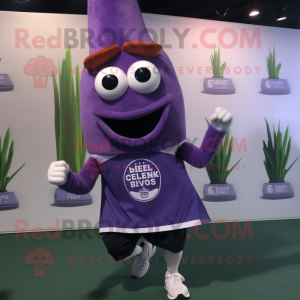 Purple Celery mascot costume character dressed with a Running Shorts and Rings