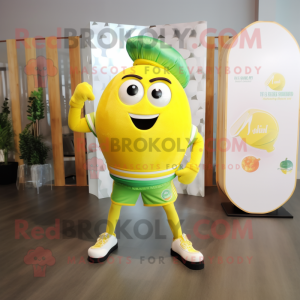 Lemon Yellow Melon mascot costume character dressed with a V-Neck Tee and Belts
