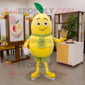 Lemon Yellow Melon mascot costume character dressed with a V-Neck Tee and Belts