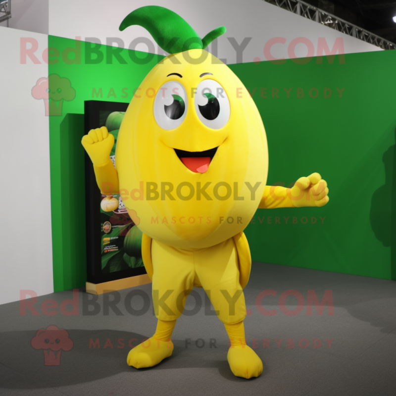 Lemon Yellow Melon mascot costume character dressed with a V-Neck Tee and Belts