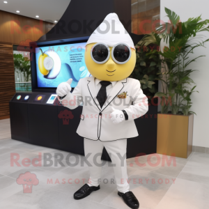 White Mango mascot costume character dressed with a Suit Jacket and Digital watches