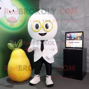 White Mango mascot costume character dressed with a Suit Jacket and Digital watches