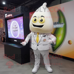 White Mango mascot costume character dressed with a Suit Jacket and Digital watches