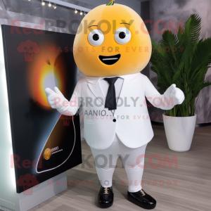 White Mango mascot costume character dressed with a Suit Jacket and Digital watches