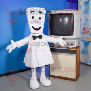 White Television mascot costume character dressed with a Shift Dress and Bow ties