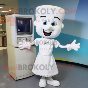White Television mascot costume character dressed with a Shift Dress and Bow ties