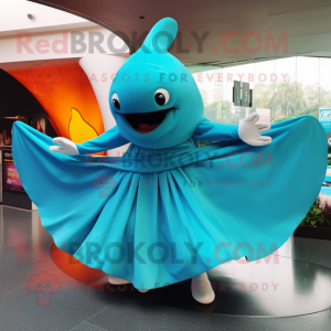 Cyan Manta Ray mascot costume character dressed with a Pleated Skirt and Beanies
