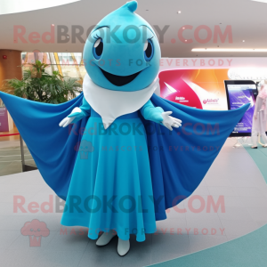 Cyan Manta Ray mascot costume character dressed with a Pleated Skirt and Beanies