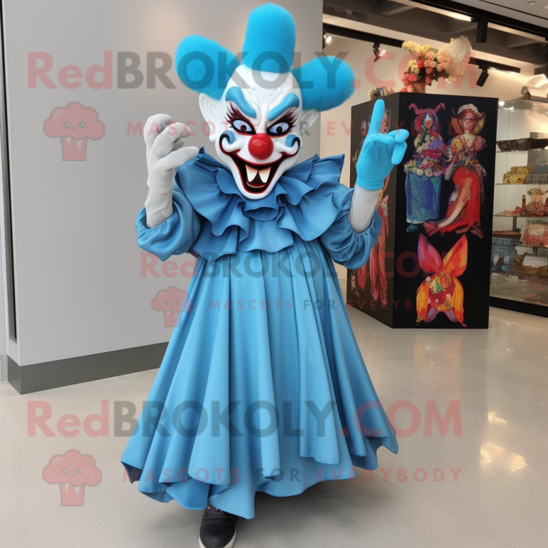 Sky Blue Evil Clown mascot costume character dressed with a Evening Gown and Shoe clips