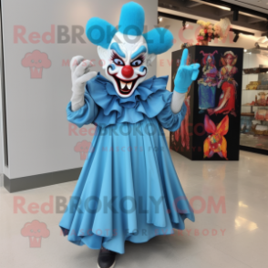 Sky Blue Evil Clown mascot costume character dressed with a Evening Gown and Shoe clips