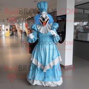 Sky Blue Evil Clown mascot costume character dressed with a Evening Gown and Shoe clips
