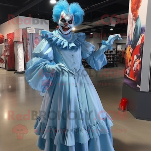 Sky Blue Evil Clown mascot costume character dressed with a Evening Gown and Shoe clips