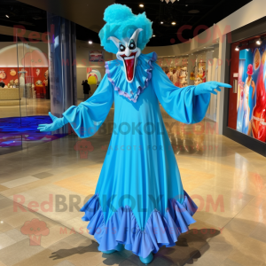 Sky Blue Evil Clown mascot costume character dressed with a Evening Gown and Shoe clips