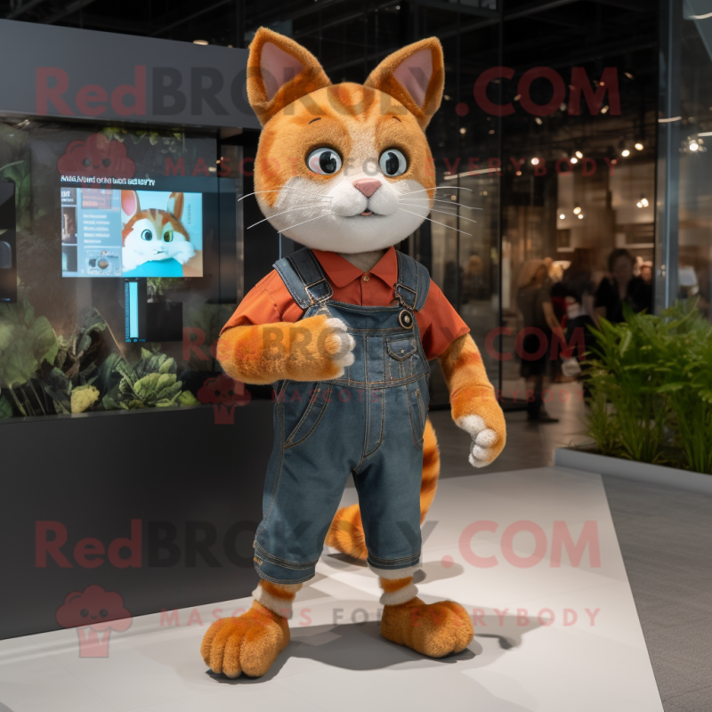 Rust Cat mascot costume character dressed with a Dungarees and Smartwatches