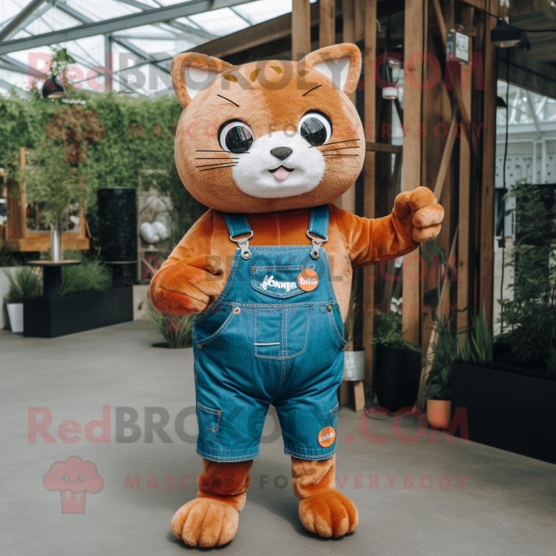 Rust Cat mascot costume character dressed with a Dungarees and Smartwatches Rust Cat mascot costume character dressed with a Dungarees and Smartwatches