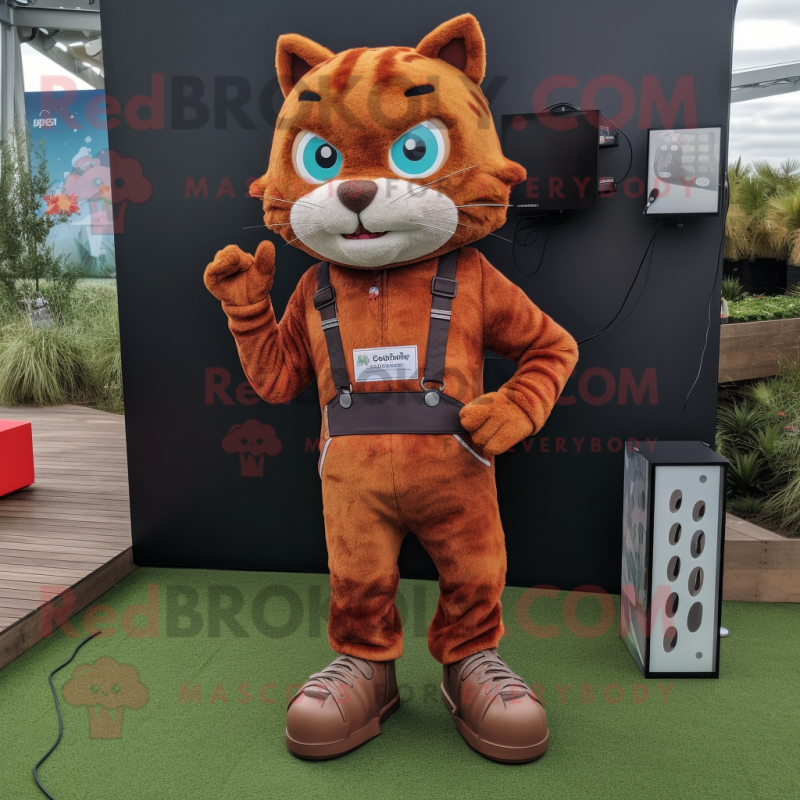 Rust Cat mascot costume character dressed with a Dungarees and Smartwatches