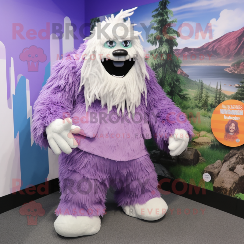 Purple Yeti mascot costume character dressed with a Culottes and Shoe laces Purple Yeti mascot costume character dressed with a Culottes and Shoe laces