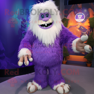 Purple Yeti mascot costume character dressed with a Culottes and Shoe laces