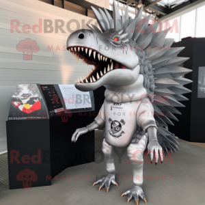 Silver Spinosaurus mascot costume character dressed with a T-Shirt and Hairpins