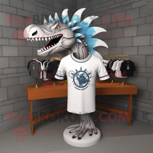 Silver Spinosaurus mascot costume character dressed with a T-Shirt and Hairpins