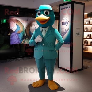 Teal Dove mascot costume character dressed with a Suit and Caps