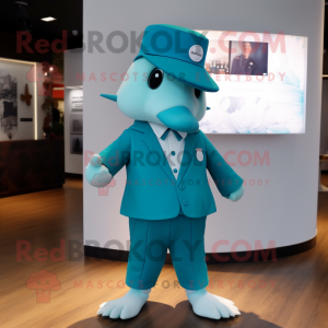 Teal Dove mascot costume character dressed with a Suit and Caps