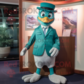 Teal Dove mascot costume character dressed with a Suit and Caps