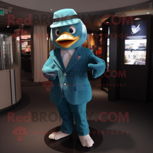 Teal Dove mascot costume character dressed with a Suit and Caps