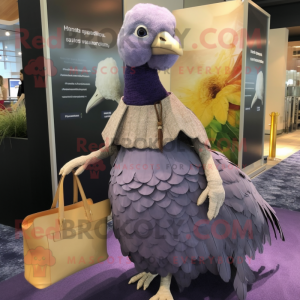 Lavender Guinea Fowl mascot costume character dressed with a Pencil Skirt and Handbags