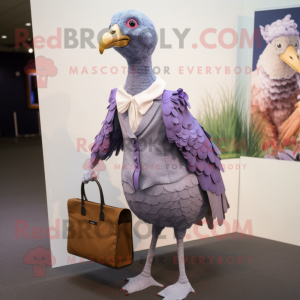 Lavender Guinea Fowl mascot costume character dressed with a Pencil Skirt and Handbags