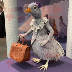 Lavender Guinea Fowl mascot costume character dressed with a Pencil Skirt and Handbags