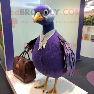 Lavender Guinea Fowl mascot costume character dressed with a Pencil Skirt and Handbags