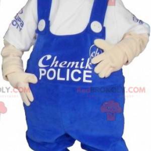 Snowman mascot in blue overalls and white cap - Redbrokoly.com