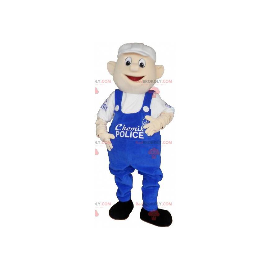 Sneeuwpop mascotte in blauwe overall en witte dop -