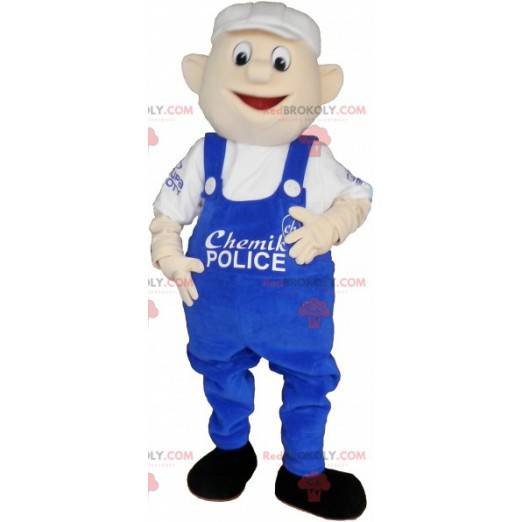 Sneeuwpop mascotte in blauwe overall en witte dop -