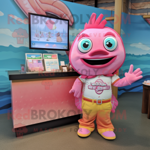 Pink Fish Tacos mascot costume character dressed with a Button-Up Shirt and Coin purses