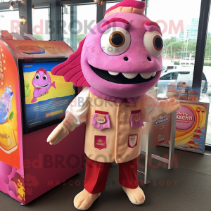 Pink Fish Tacos mascot costume character dressed with a Button-Up Shirt and Coin purses