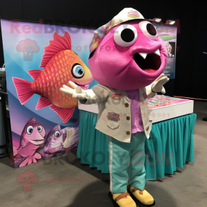 Pink Fish Tacos mascot costume character dressed with a Button-Up Shirt and Coin purses