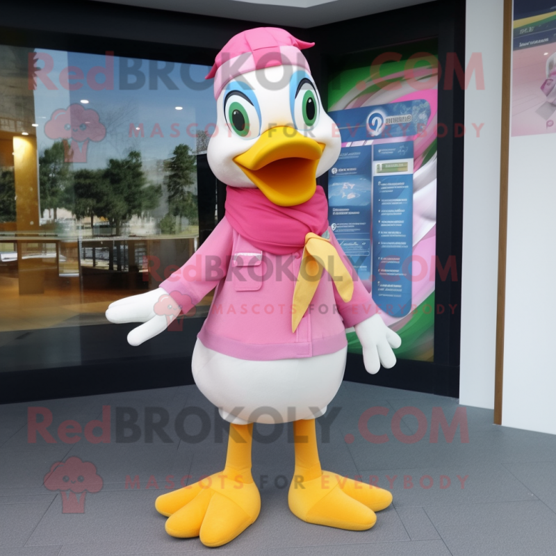 Pink Goose mascot costume character dressed with a Jeggings and Scarf clips Pink Goose mascot costume character dressed with a Jeggings and Scarf clips