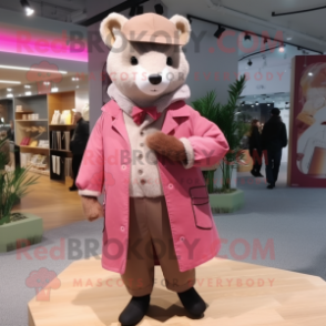 Pink Marten mascot costume character dressed with a Parka and Pocket squares