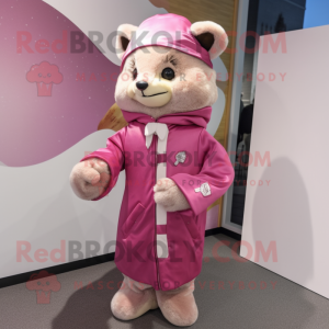 Pink Marten mascot costume character dressed with a Parka and Pocket squares